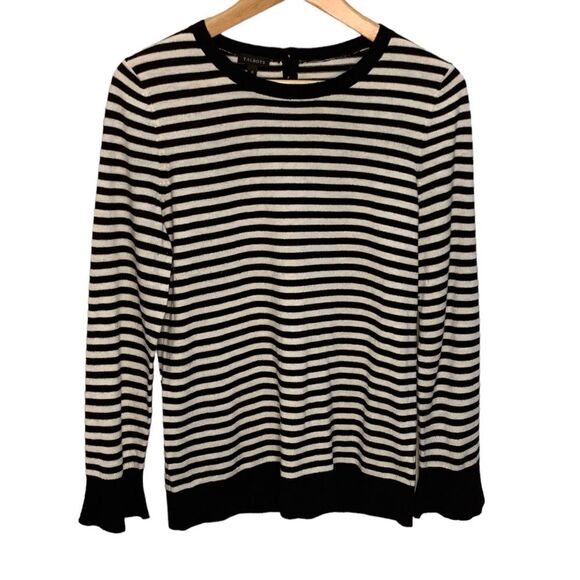 Talbots Black Ivory Striped Lambswool Blend Long Bell Sleeve Sweater Size S - Picture 1 of 10